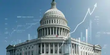 United States Capitol with overlay of financial charts representing 2025 federal budget allocations and economic impact.