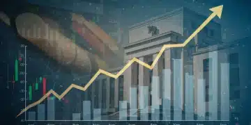 Financial charts with rising interest rate graph and Federal Reserve building