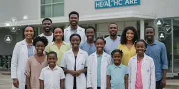 Diverse group smiling in front of healthcare facility, representing access to Medicaid benefits.