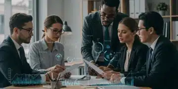 Small business owners reviewing new legislation documents on a tablet and laptop, with a serious yet determined expression.