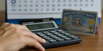 Hand calculating Social Security COLA increase with a calculator and benefit documents.