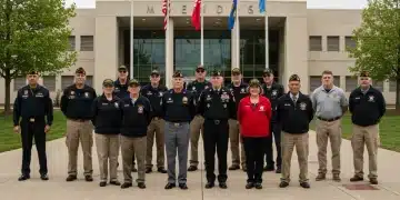 Diverse veterans group standing proudly in front of a modern government building, symbolizing support and access to benefits.