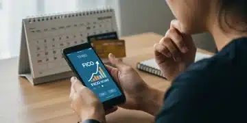 Person viewing FICO score improvement on phone, symbolizing smart credit management.