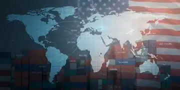 Global trade network with shipping containers and digital data overlaying a US flag, representing 2025 trade agreements impact.
