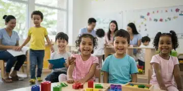 Children playing happily in a modern childcare center, symbolizing affordable care.