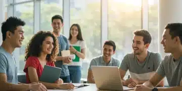 Diverse students studying in modern university library