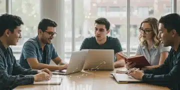 College students studying and discussing financial aid forms in a library, symbolizing the impact of FAFSA changes.