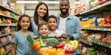Smiling family with full grocery cart, symbolizing successful SNAP benefits usage