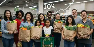 Families and individuals with groceries, symbolizing updated SNAP benefits 2026 and food security.