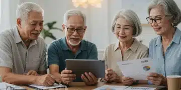 Diverse retirees discussing 2026 retirement plans on a tablet with financial data