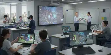 Students and teacher interacting with advanced education technology in a modern K-12 classroom setting in 2026.