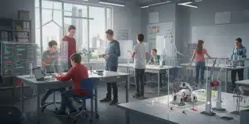 Students engaged in advanced STEM learning with robotics and coding in a modern classroom.