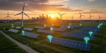Futuristic US energy landscape with renewable sources and smart technology.