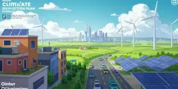 Futuristic city with renewable energy, symbolizing the 2026 Climate Action Plan's success.
