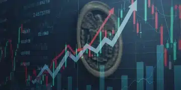 Financial chart with upward interest rate arrows and Federal Reserve logo, symbolizing 2026 rate hikes.