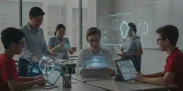 Students engaging with AI learning tools in a futuristic US classroom setting.