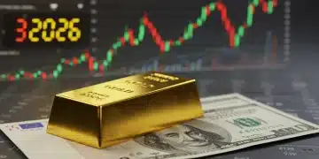 Gold bar on currency with financial charts, symbolizing 2026 gold investment