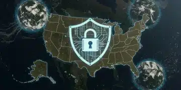 Digital shield representing US national security, defense spending, and advanced cybersecurity in 2026.