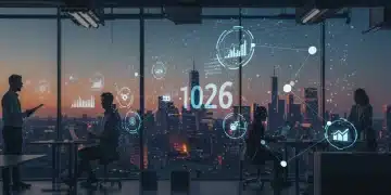 Future US job market with diverse professionals and digital data overlays