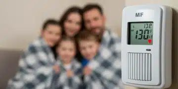 Family staying warm indoors with a thermostat showing low temperature, symbolizing LIHEAP heating assistance.