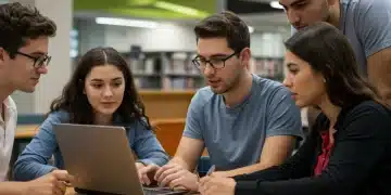 Students discussing FAFSA changes on a laptop in a library