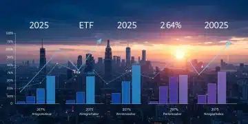 Infographic showing the top 5 performing ETFs of 2025 with upward trend lines and a futuristic city skyline.