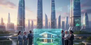 Futuristic cityscape with data overlays and investors analyzing the 2026 housing market forecast