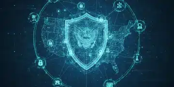 Digital shield protecting a complex network representing national infrastructure, symbolizing federal cybersecurity directives