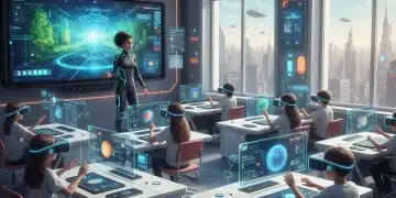 Students engaged with virtual reality and AI in a modern 2026 classroom.