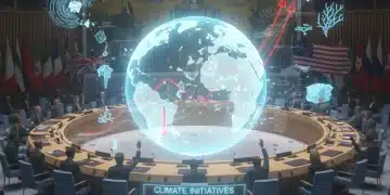 United Nations Security Council chamber during a critical climate change vote, with subtle environmental graphics.