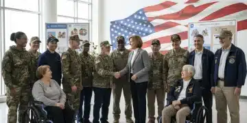 Veterans smiling with official, symbolizing new aid programs and support
