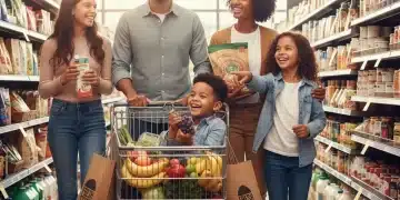 Family grocery shopping with full cart, smiling