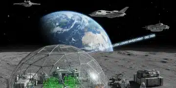 Futuristic lunar base with astronauts and spacecraft, symbolizing US lunar investment.