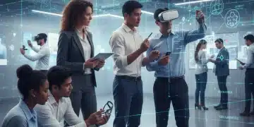 Professionals engaged in modern learning with digital interfaces, symbolizing micro-credentials.