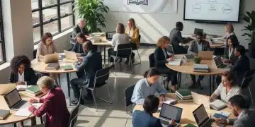 Adult learners engaged in a modern classroom, symbolizing federal funding for education and career growth.