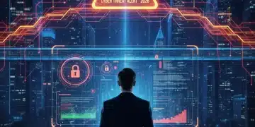 Futuristic digital landscape with cyber attack warning and business professional silhouette