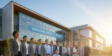 Diverse individuals facing a modern healthcare building, symbolizing hope for future healthcare reform.