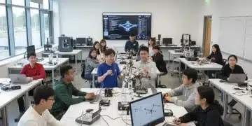 High school students collaborating on a robotics project in a modern STEM classroom.