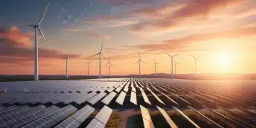 Vast solar farm and wind turbines symbolizing US renewable energy growth by 2026