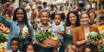 Diverse mothers and children with WIC-approved healthy foods