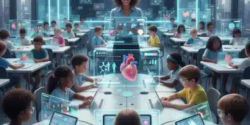 Students and teacher interacting with AI-powered learning tools in a modern K-12 classroom setting.