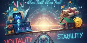 Diversified investment portfolio balancing on a seesaw in a volatile market, symbolizing strategic financial planning for 2026.