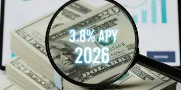 Stack of dollar bills under magnifying glass showing 3.8% APY for high-yield savings in 2026
