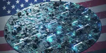 Advanced semiconductor wafer with intricate circuits, representing US domestic chip production goals.