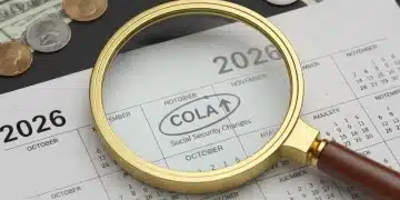 Calendar with 2026 highlighted and magnifying glass, symbolizing future Social Security COLA adjustments.