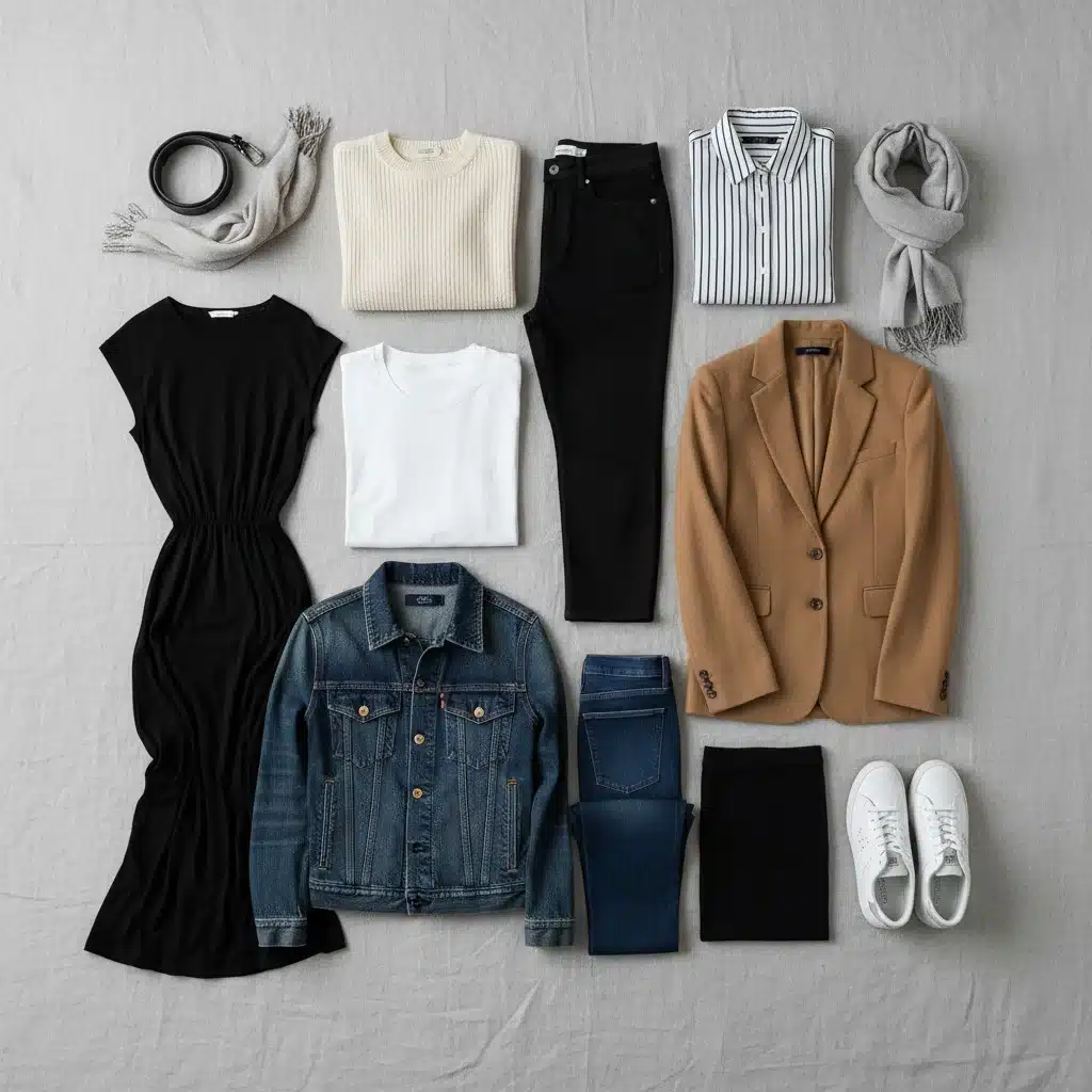 Flat lay of 12 essential capsule wardrobe items, showcasing versatility and neutral color palette
