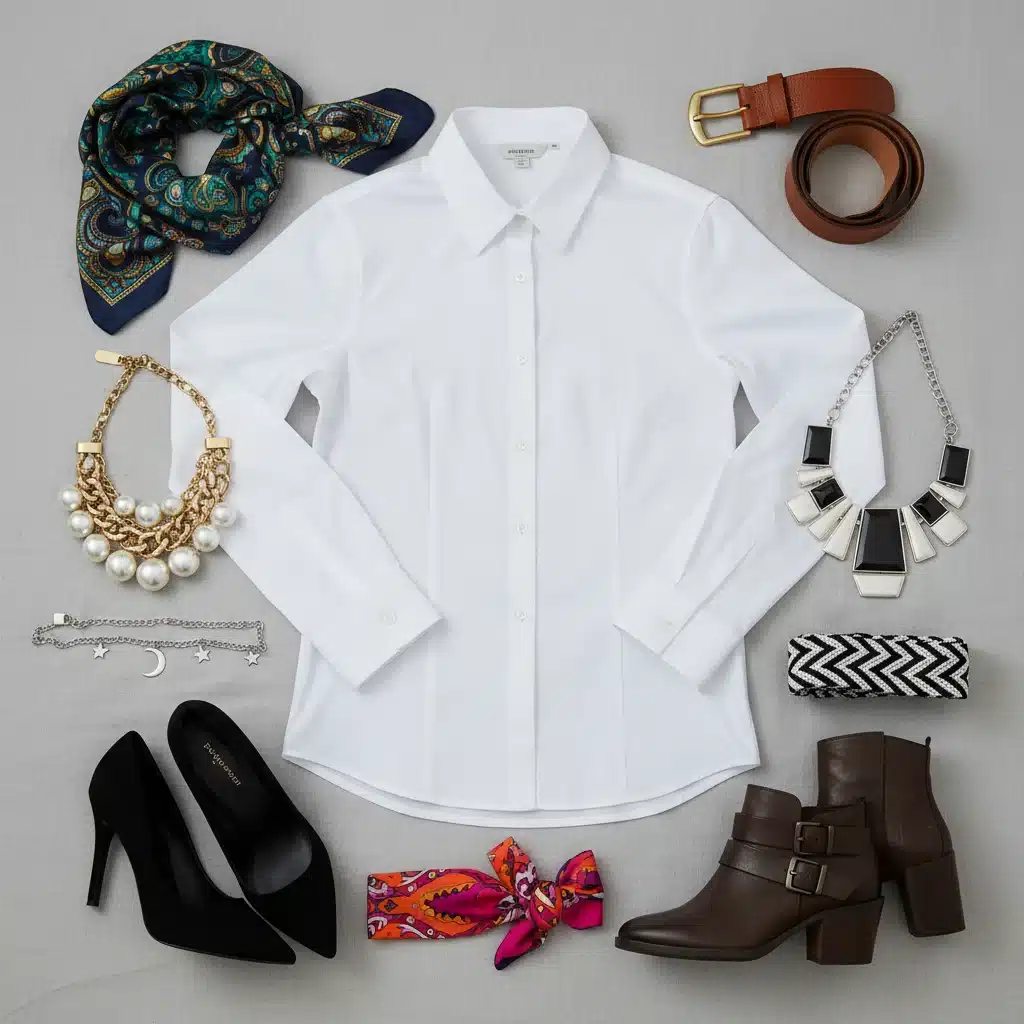 Accessories transforming a basic white button-down shirt into multiple looks