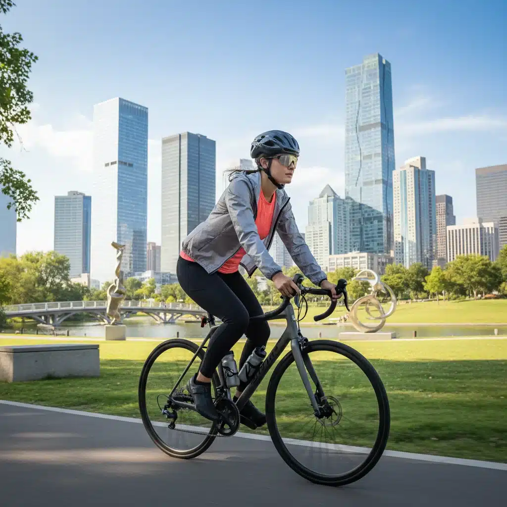 Cyclist in athletic leggings and performance top in a city park