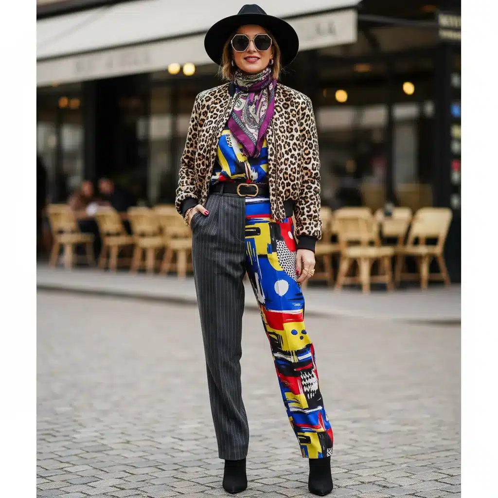 Fashion model showcasing a sophisticated outfit combining pinstripe, graphic art, and animal prints.