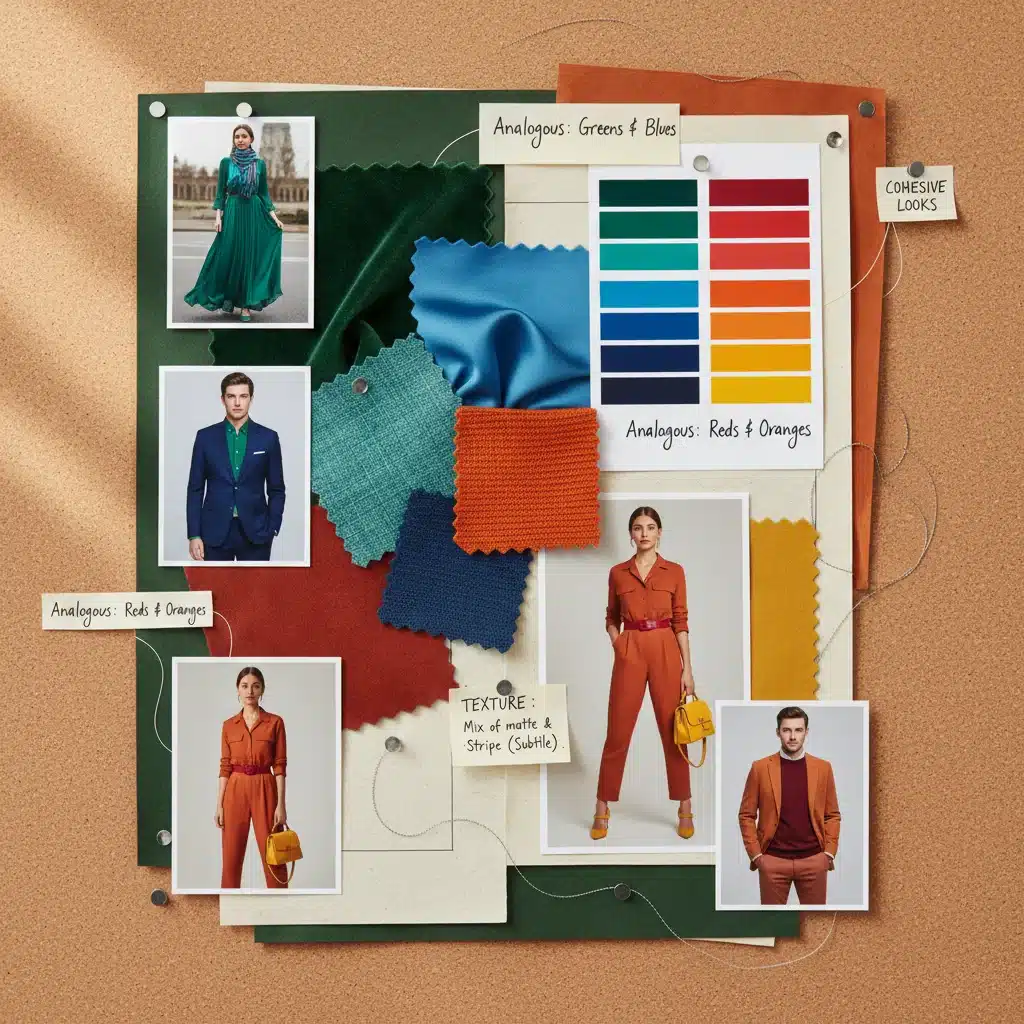 Fashion mood board with analogous color combinations and fabric swatches